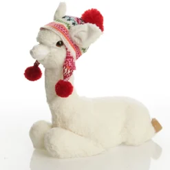 Fluffy White Llama with Hat - Sitting Christmas Birds And Animals|