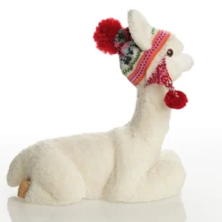 Fluffy White Llama with Hat - Sitting Christmas Birds And Animals|