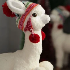 Fluffy White Llama with Hat - Sitting Christmas Birds And Animals|