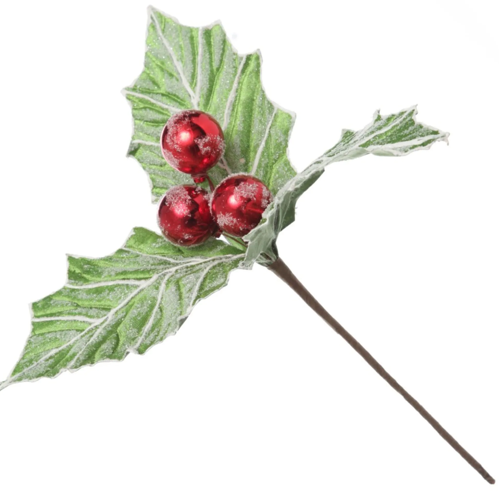 Frosted Green Holly Leaf Stem with Red Berries Christmas Flowers|