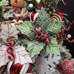 Frosted Green Holly Leaf Stem with Red Berries Christmas Flowers|