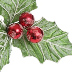 Frosted Green Holly Leaf Stem with Red Berries Christmas Flowers|