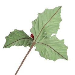 Frosted Green Holly Leaf Stem with Red Berries Christmas Flowers|