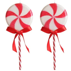 Frosted Red Peppermint Lollipop Tree Decoration - Set of 2 Christmas Tree Decorations|
