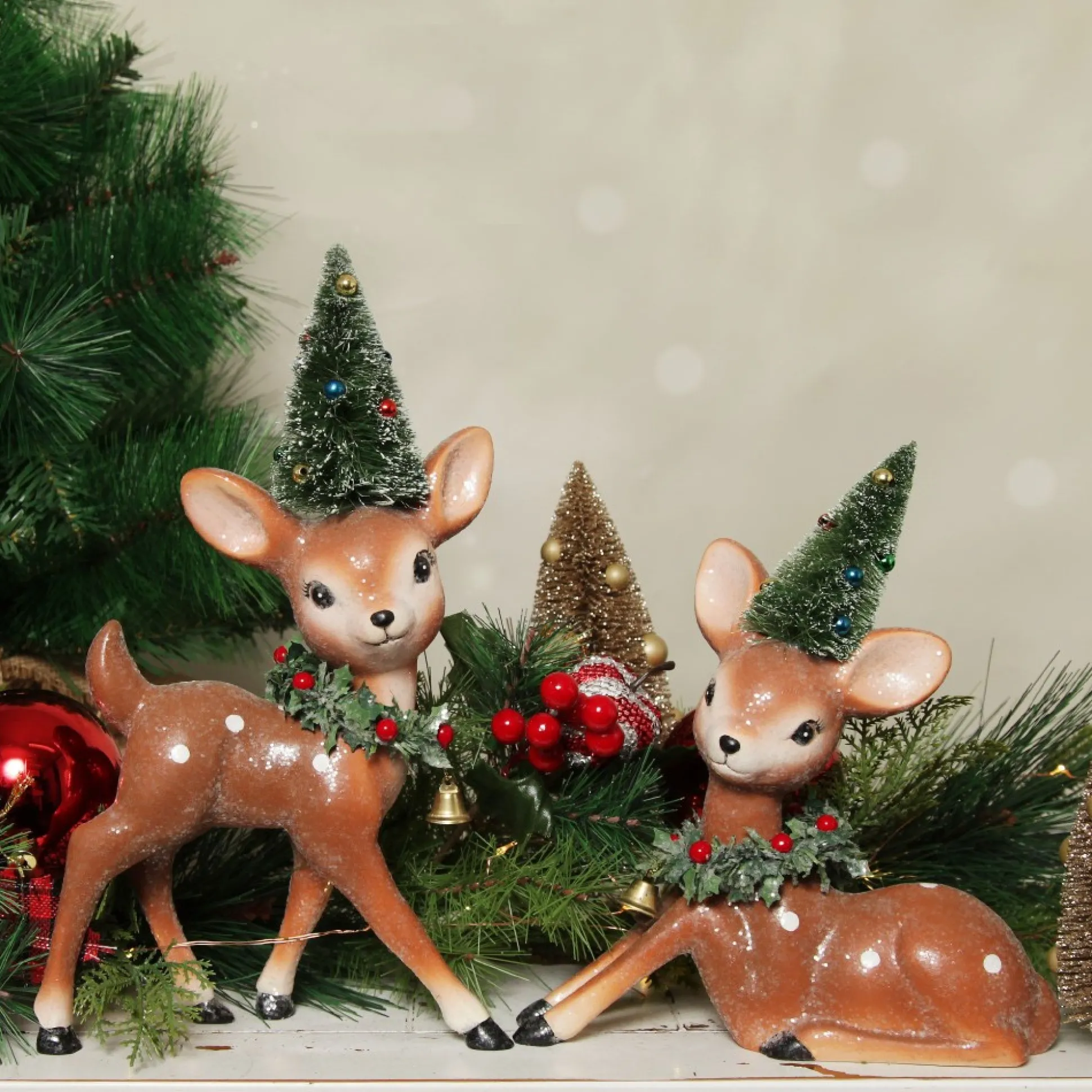 Frosted Retro Bambi Christmas Ornaments with Trees - Set of 2 Christmas Birds And Animals|