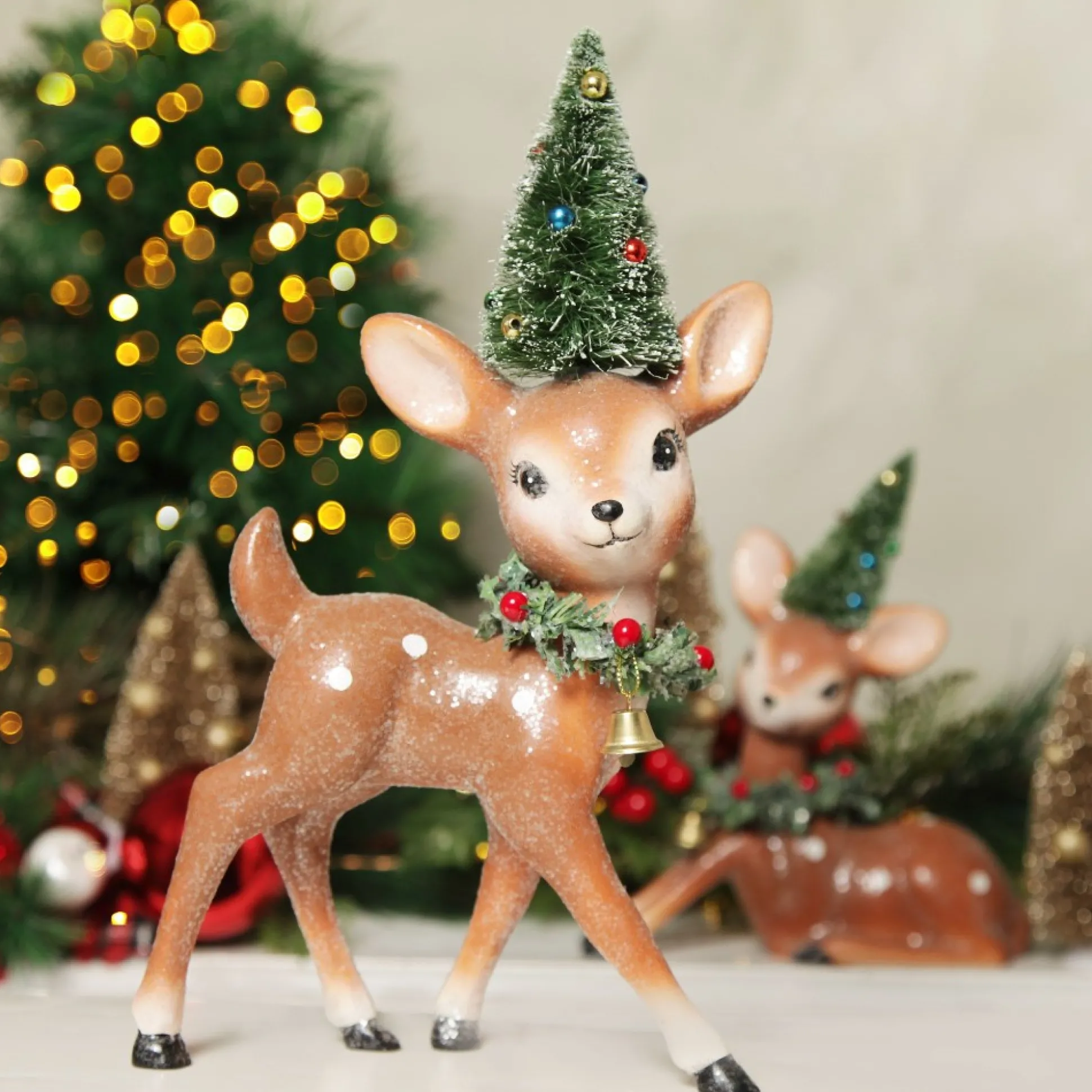 Frosted Retro Bambi Christmas Ornaments with Trees - Set of 2 Christmas Birds And Animals|