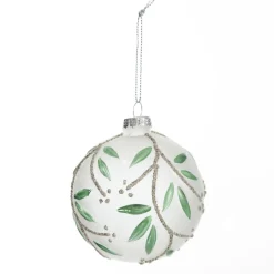 Frosted White Bauble with Green Leaves Decorative Christmas Baubles|