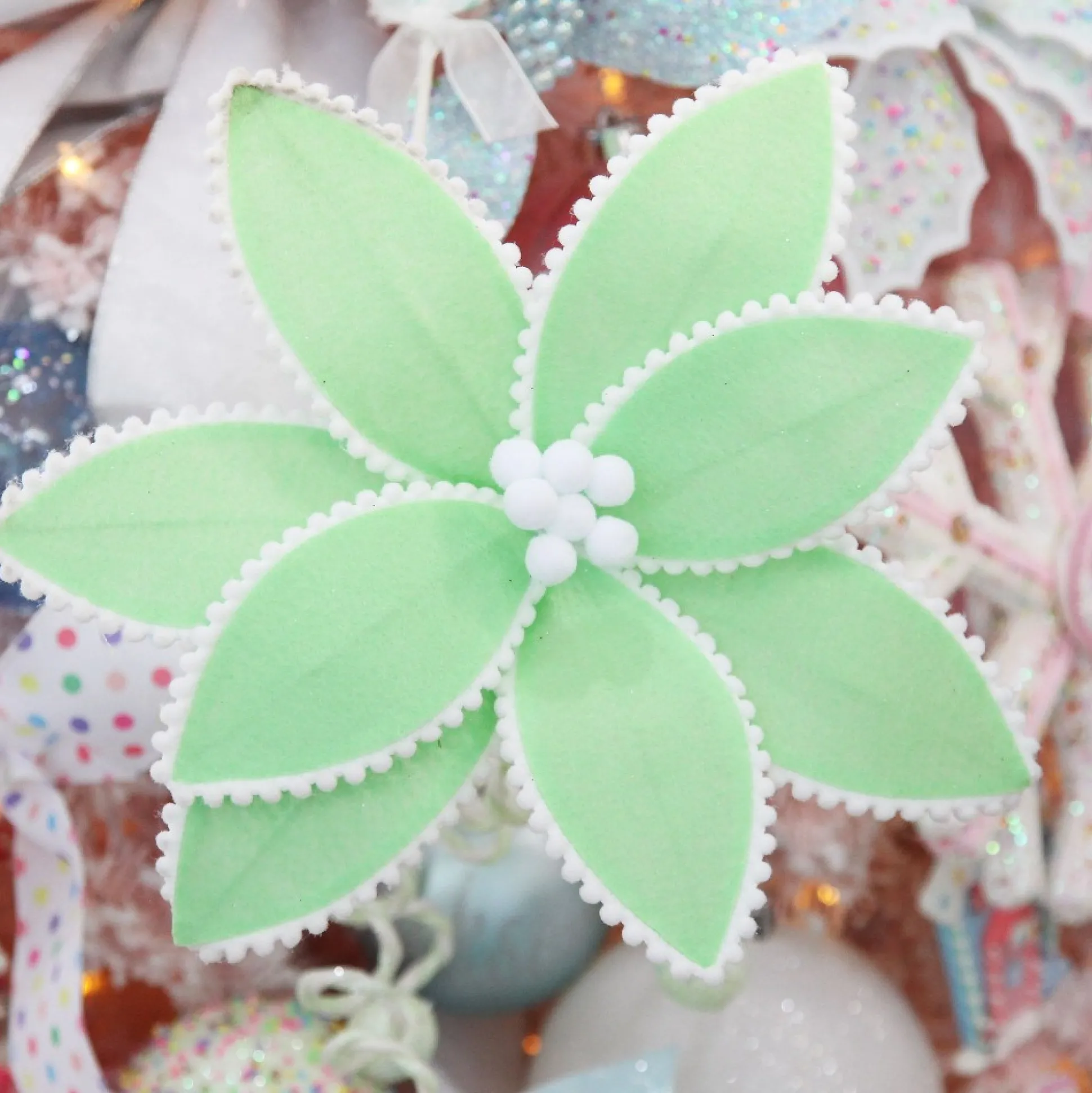 Fun Mint Green Flower Stem with White Pom Pom Trim Christmas Flowers|