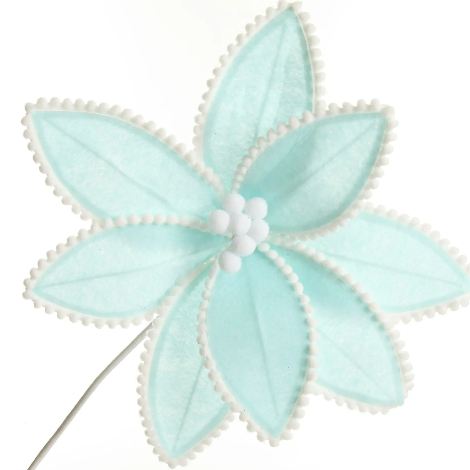 Fun Pale Blue Flower Stem with White Pom Pom Trim Christmas Flowers|