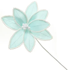 Fun Pale Blue Flower Stem with White Pom Pom Trim Christmas Flowers|