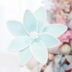 Fun Pale Blue Flower Stem with White Pom Pom Trim Christmas Flowers|