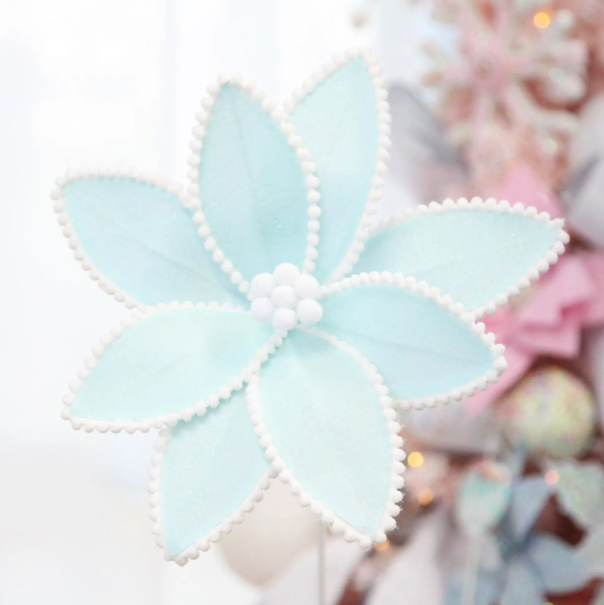 Fun Pale Blue Flower Stem with White Pom Pom Trim Christmas Flowers|