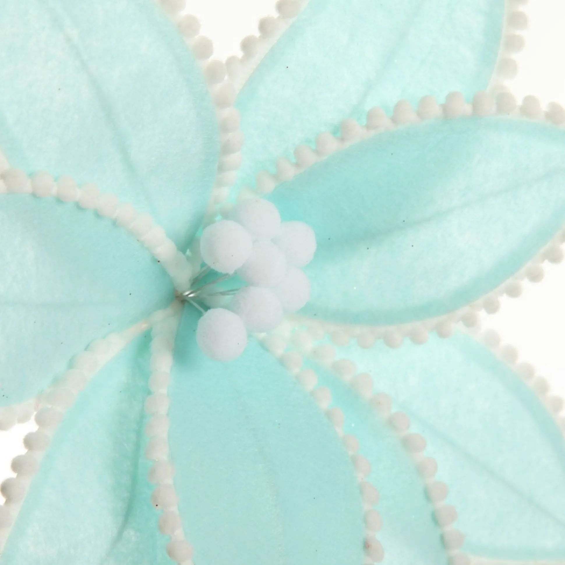 Fun Pale Blue Flower Stem with White Pom Pom Trim Christmas Flowers|