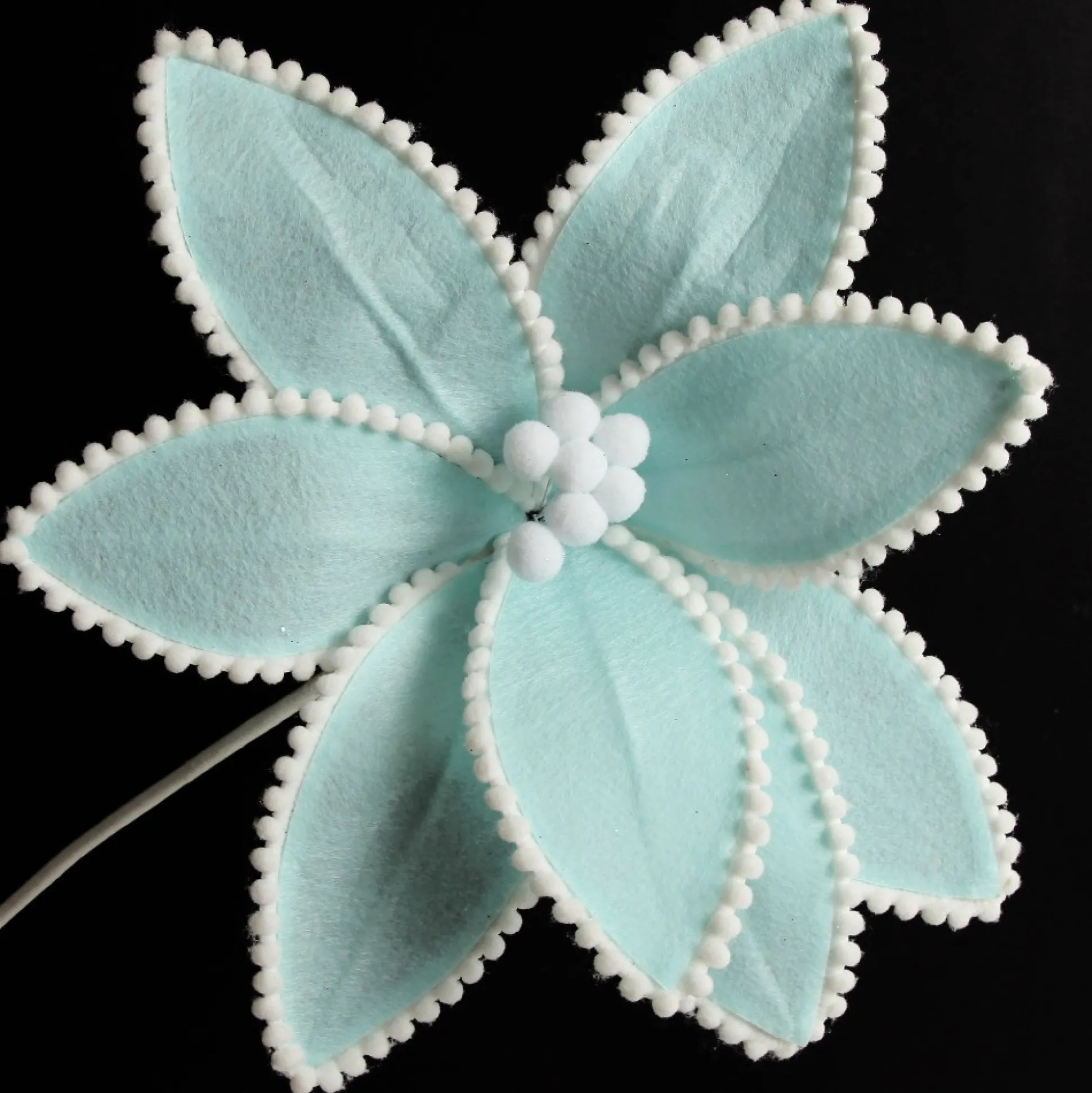 Fun Pale Blue Flower Stem with White Pom Pom Trim Christmas Flowers|