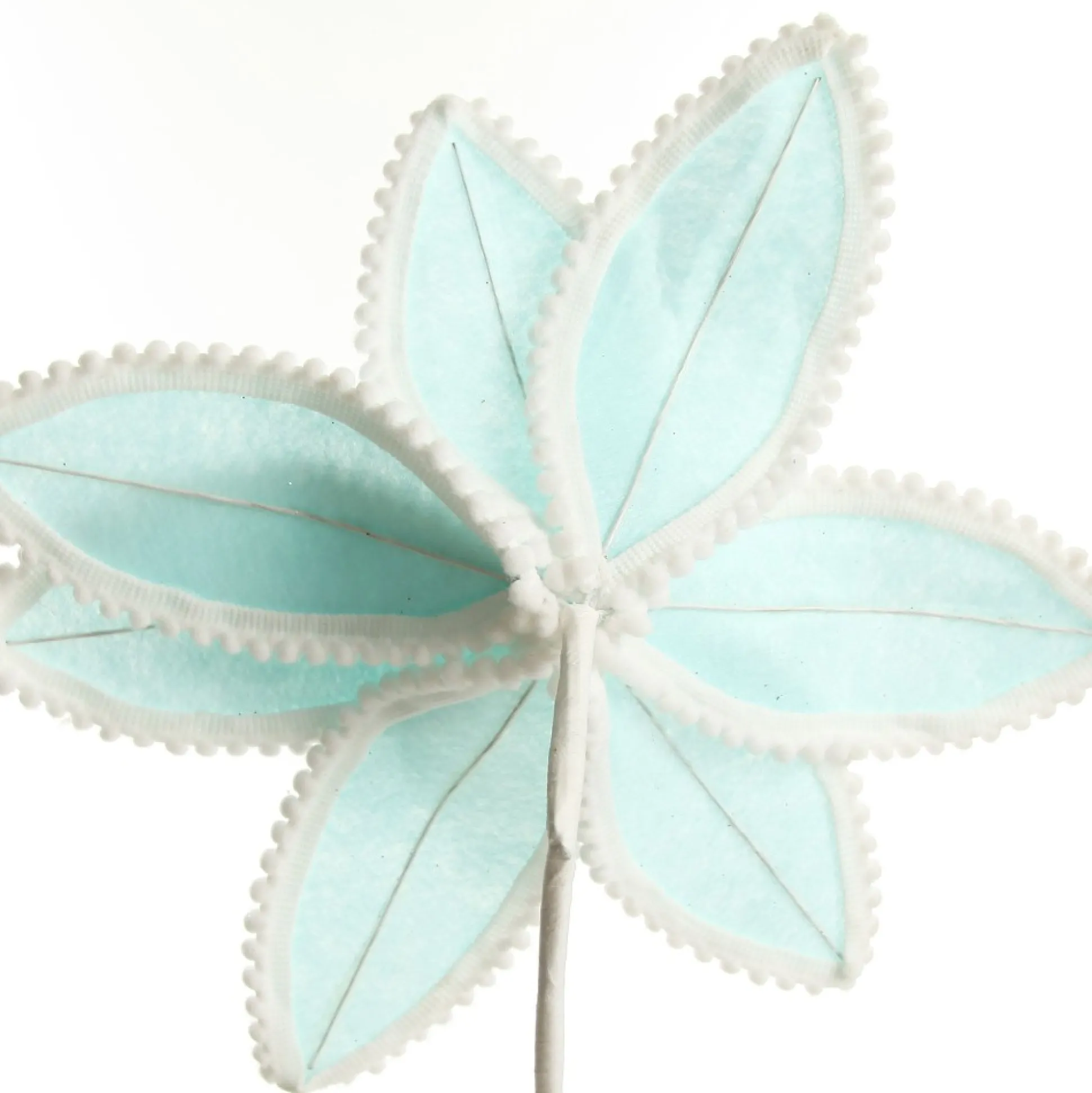 Fun Pale Blue Flower Stem with White Pom Pom Trim Christmas Flowers|