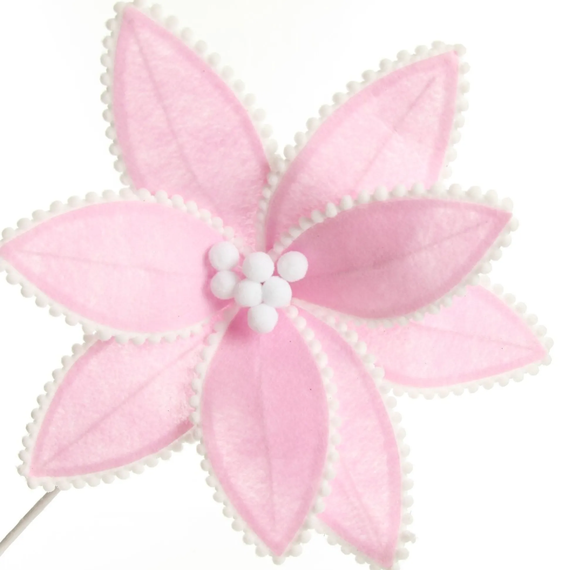 Fun Pale Pink Flower Stem with White Pom Pom Trim Christmas Flowers|