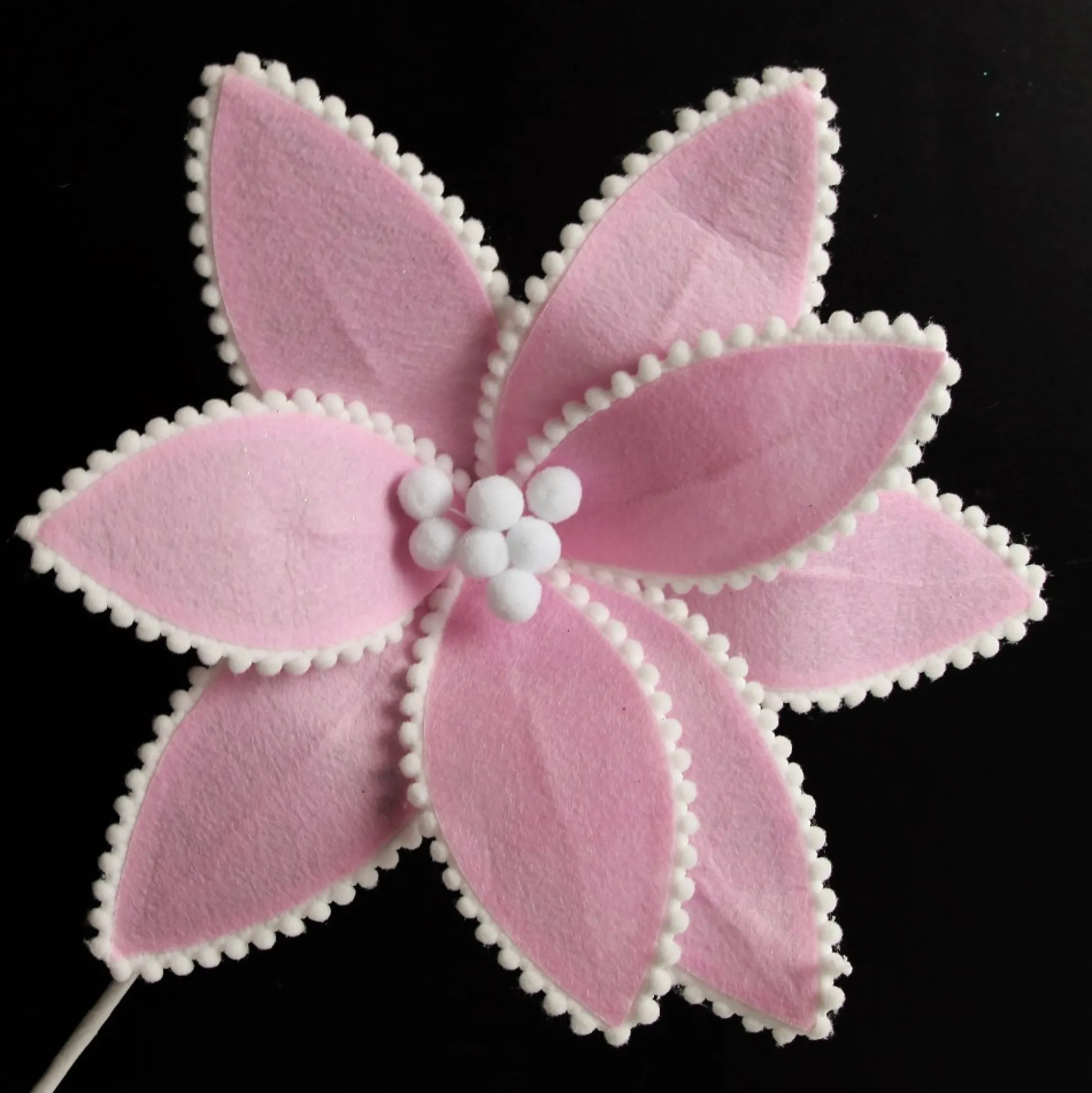Fun Pale Pink Flower Stem with White Pom Pom Trim Christmas Flowers|