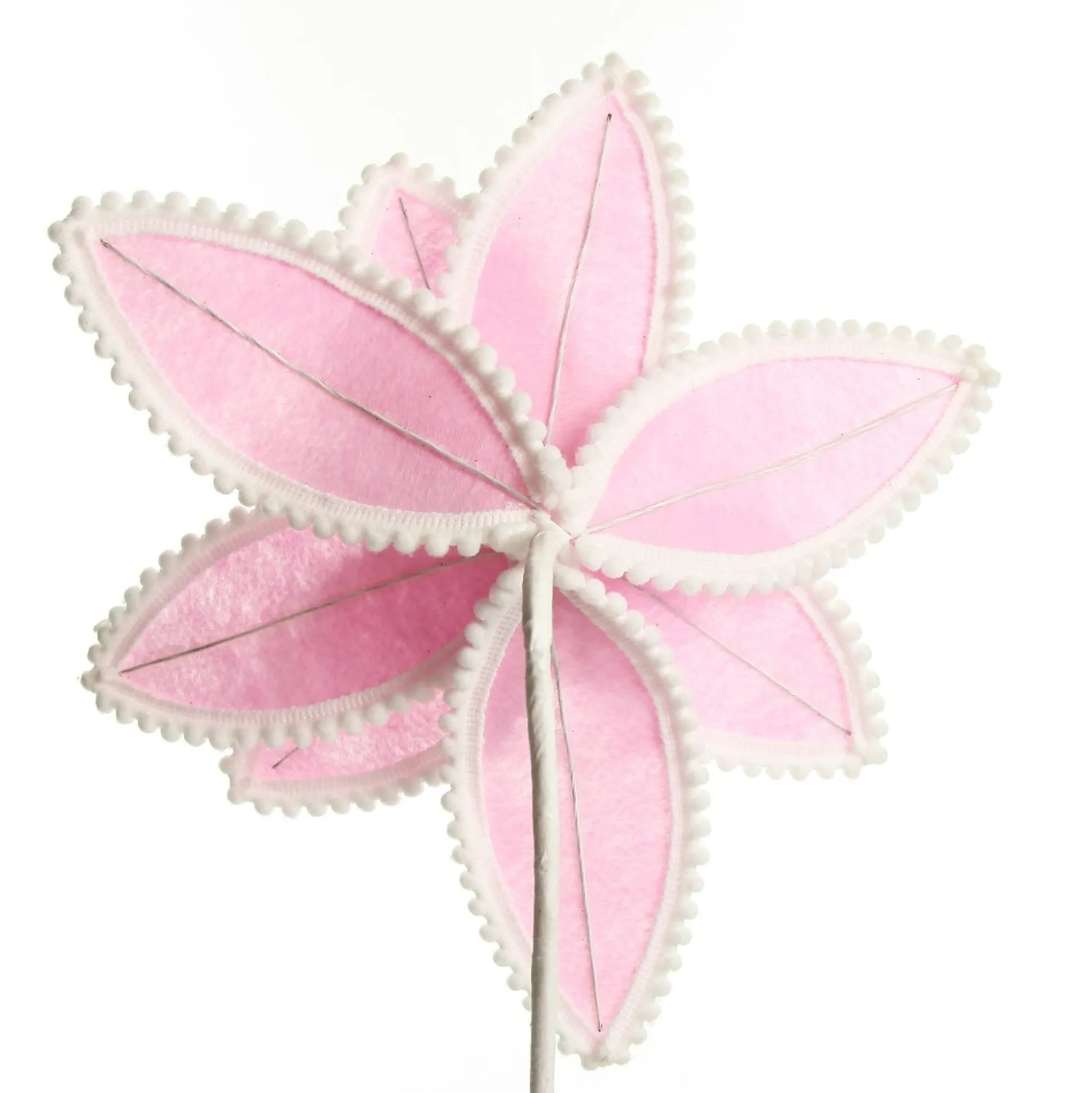 Fun Pale Pink Flower Stem with White Pom Pom Trim Christmas Flowers|