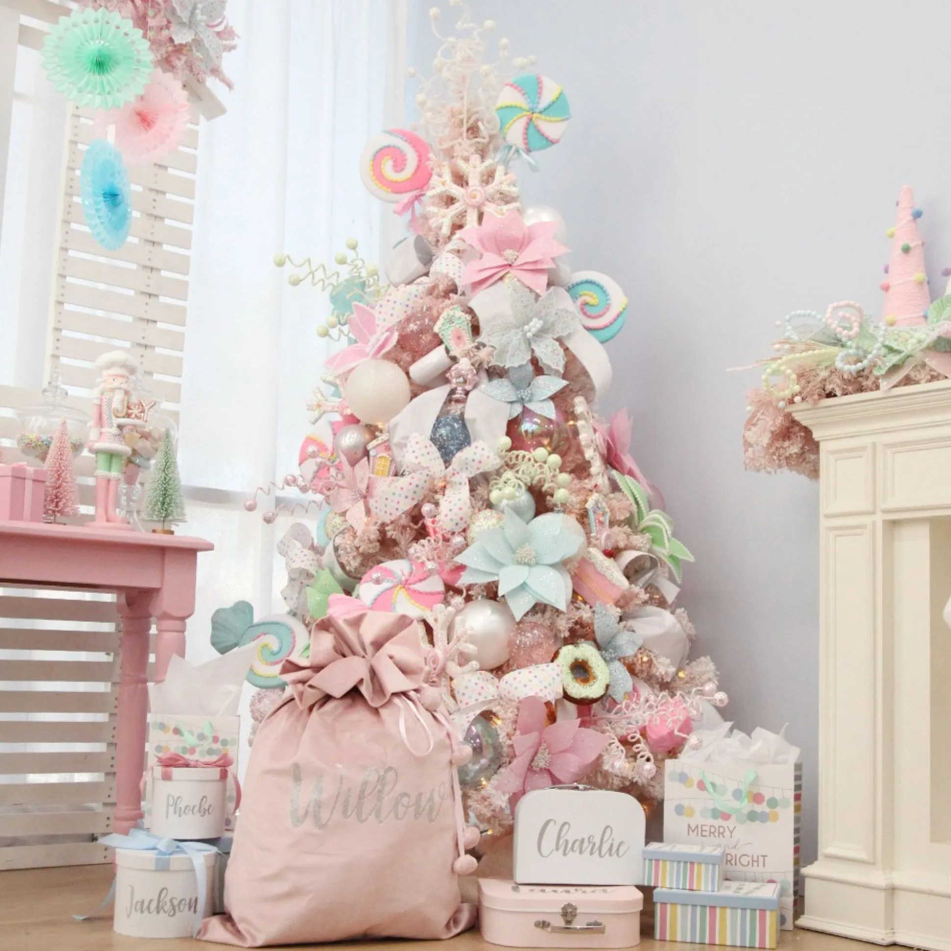 Fun Pale Pink Flower Stem with White Pom Pom Trim Christmas Flowers|