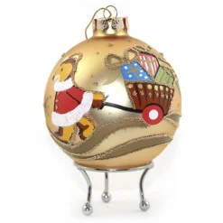 Gold Christmas Bear with Cart Bauble Personalised Baubles|