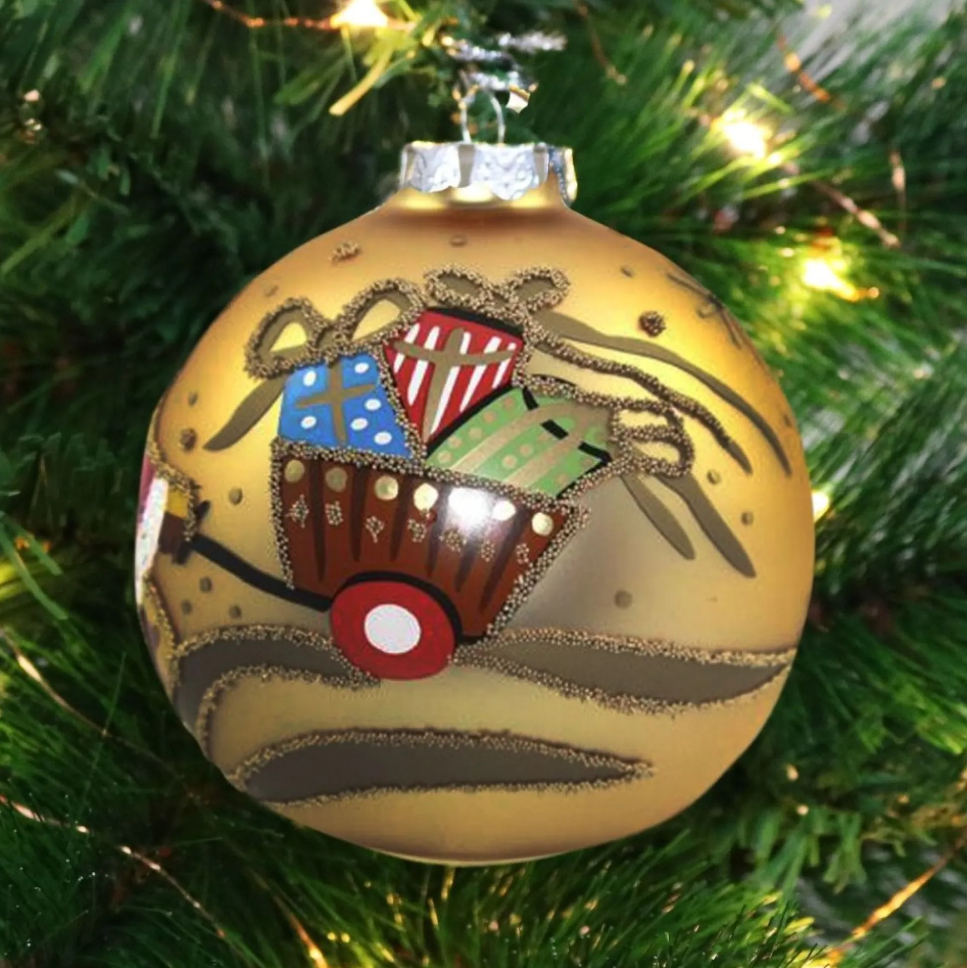 Gold Christmas Bear with Cart Bauble Personalised Baubles|