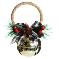Gold Christmas Bell Door Hanger with Black Buffalo Check Bow Christmas Bells And Bows|