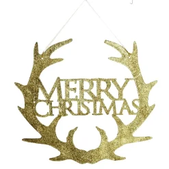 Gold Hanging Merry Christmas Sign with Antlers Wall Hangings And Signs|