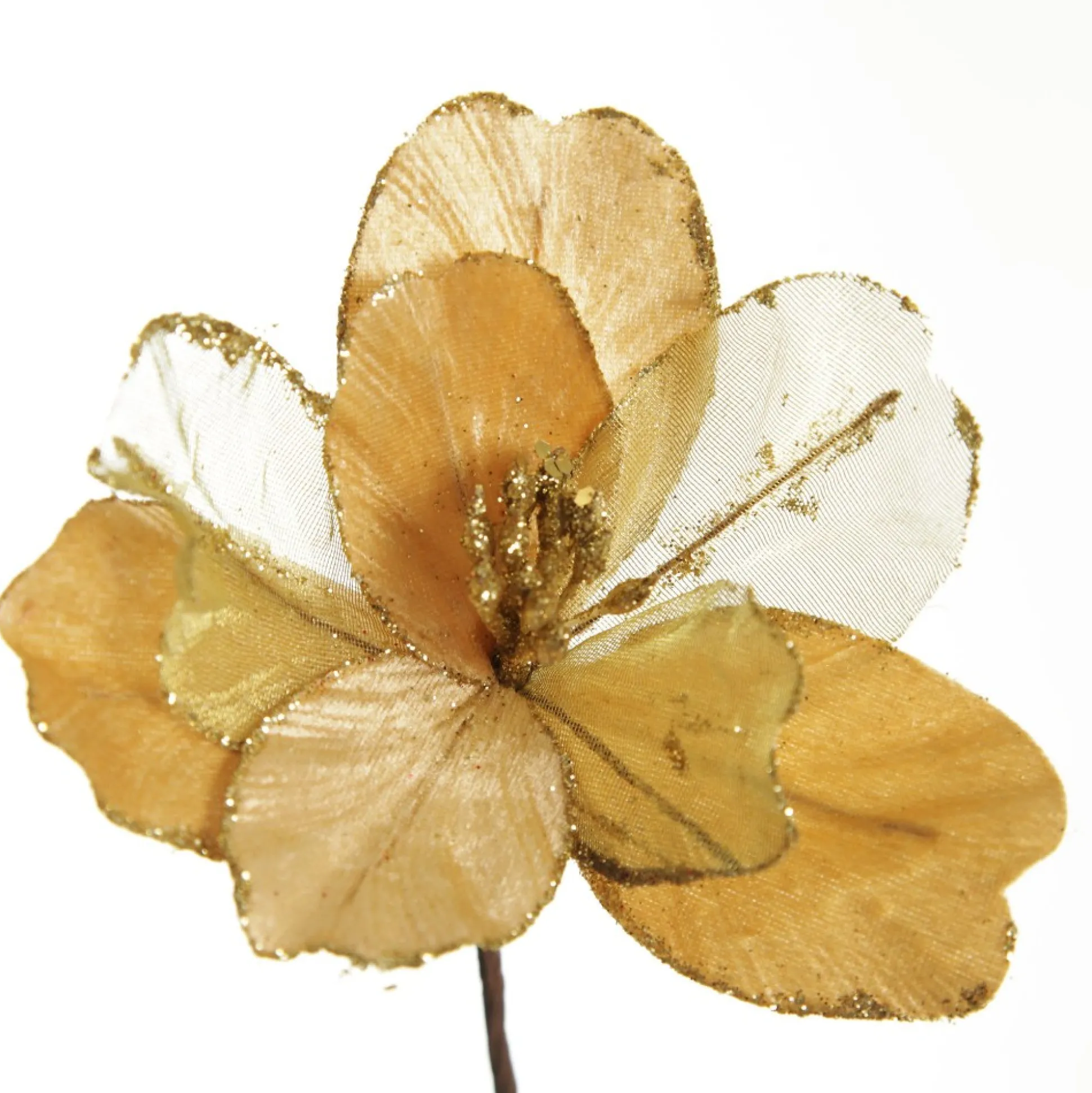 Gold Satin Magnolia Flower Stem with Glitter Trim Christmas Flowers|
