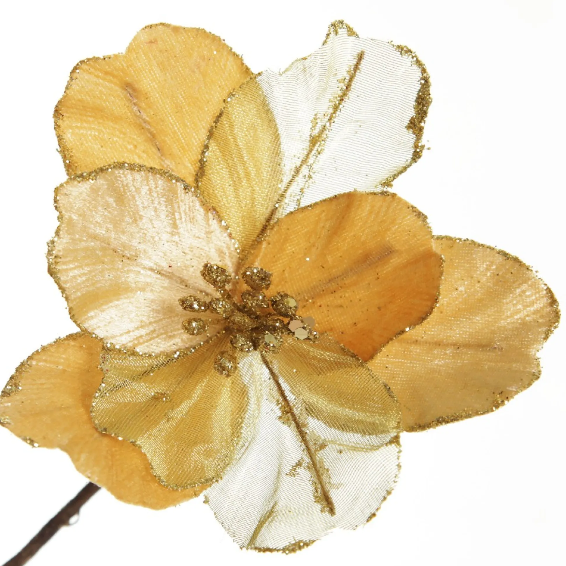 Gold Satin Magnolia Flower Stem with Glitter Trim Christmas Flowers|