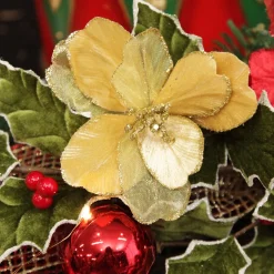 Gold Satin Magnolia Flower Stem with Glitter Trim Christmas Flowers|