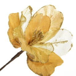 Gold Satin Magnolia Flower Stem with Glitter Trim Christmas Flowers|