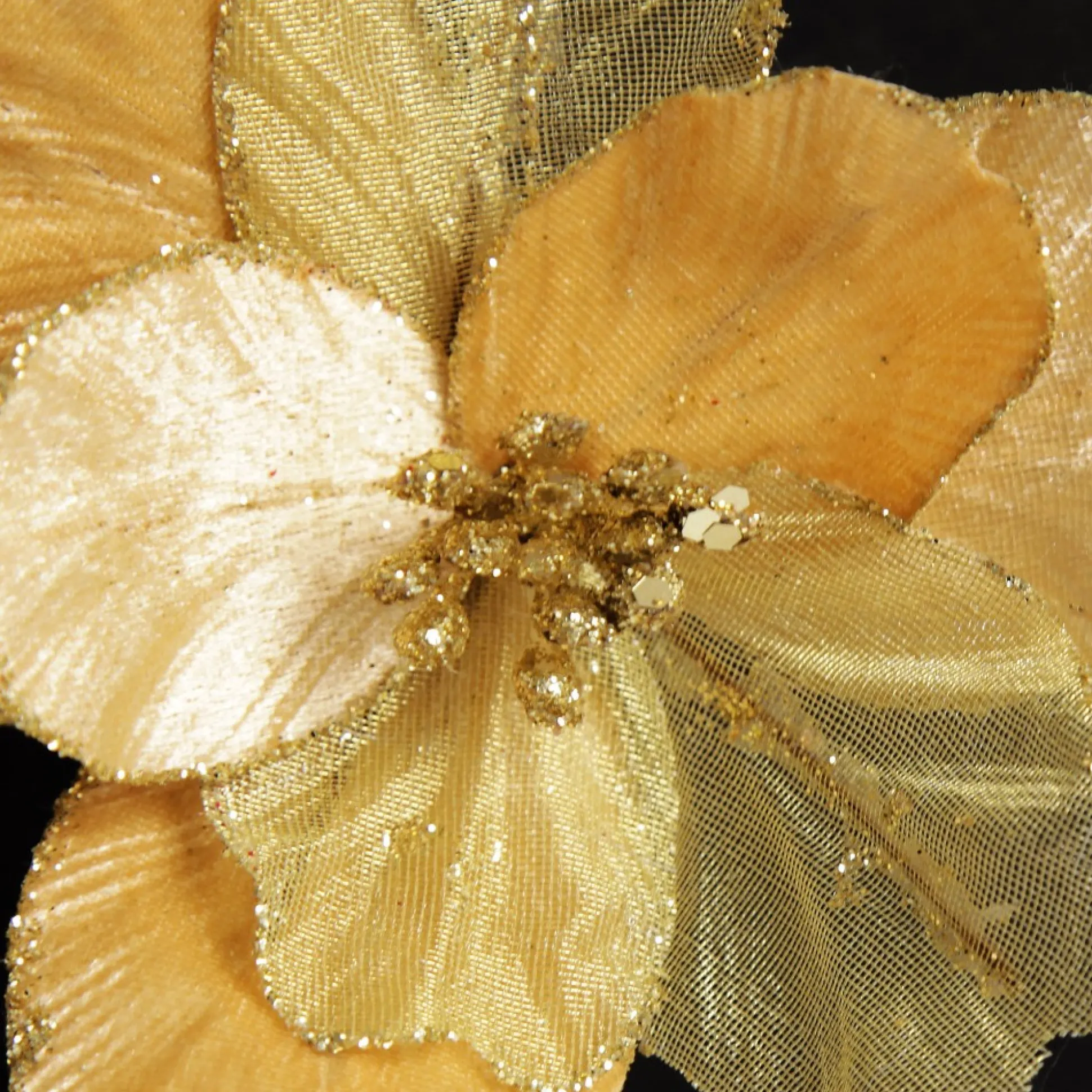 Gold Satin Magnolia Flower Stem with Glitter Trim Christmas Flowers|