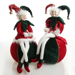 Green and Red Elf on Bauble Christmas Ornament Christmas Elves And Fairies|