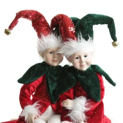 Green and Red Elf Sitting Christmas Ornament Christmas Elves And Fairies|