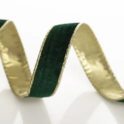Green Velvet Gold Trim Wired Christmas Ribbon Ribbons|