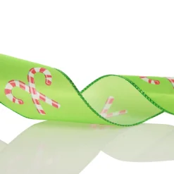 Green with Printed Candy Canes Wired Christmas Ribbon Ribbons|