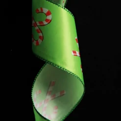 Green with Printed Candy Canes Wired Christmas Ribbon Ribbons|