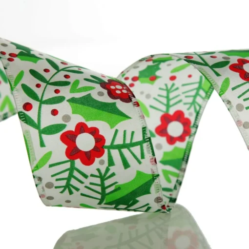 Holly & Berry Flowers Wired Ribbon Tree Garlands|