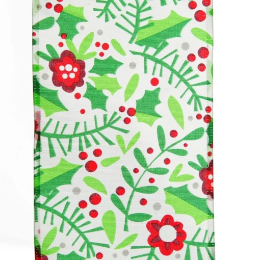 Holly & Berry Flowers Wired Ribbon Tree Garlands|