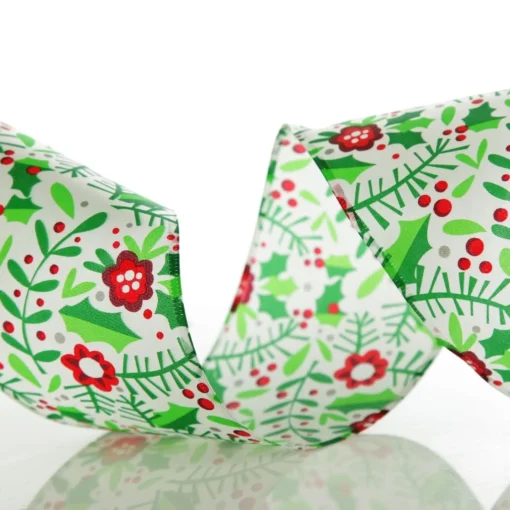 Holly & Berry Flowers Wired Ribbon Tree Garlands|
