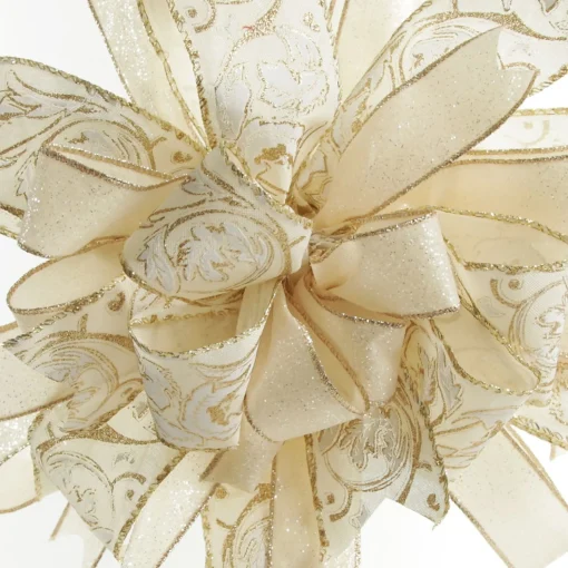 Ivory and Gold Glitter Deluxe Tree Topper Bow with Streamers Tree Toppers|