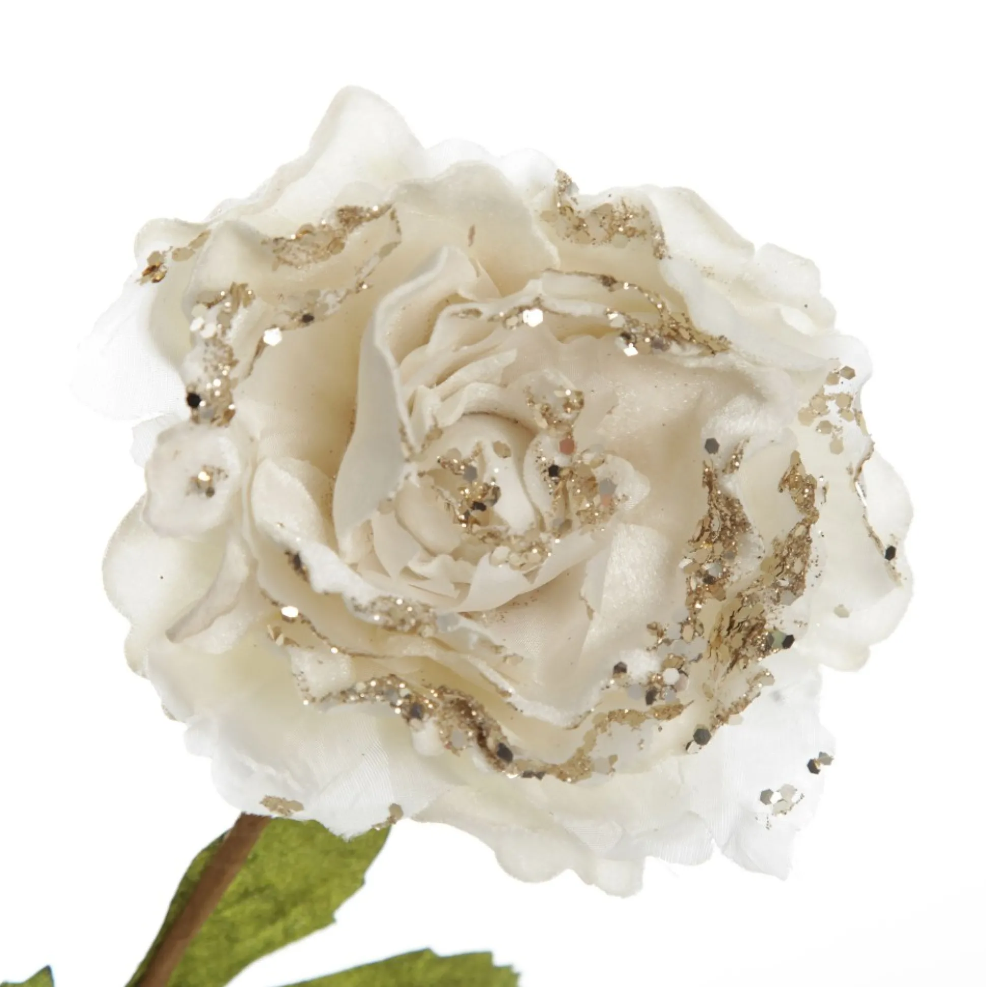 Ivory Peony Flower Stem with Green Leaves Christmas Flowers|