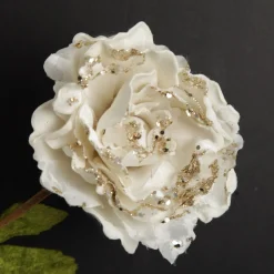 Ivory Peony Flower Stem with Green Leaves Christmas Flowers|