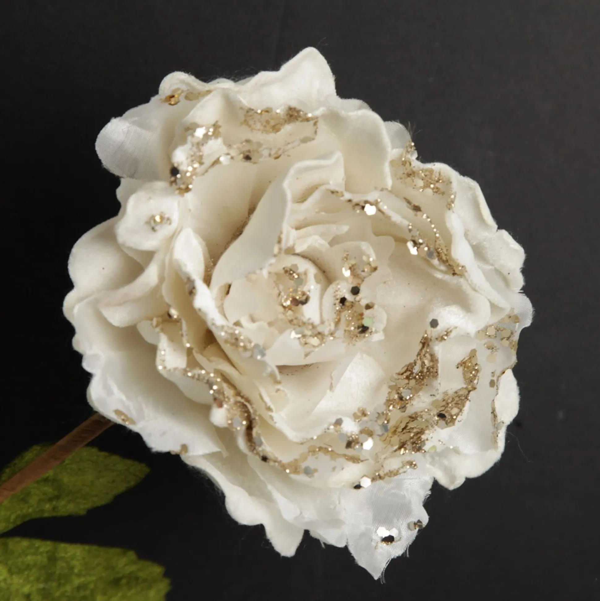 Ivory Peony Flower Stem with Green Leaves Christmas Flowers|