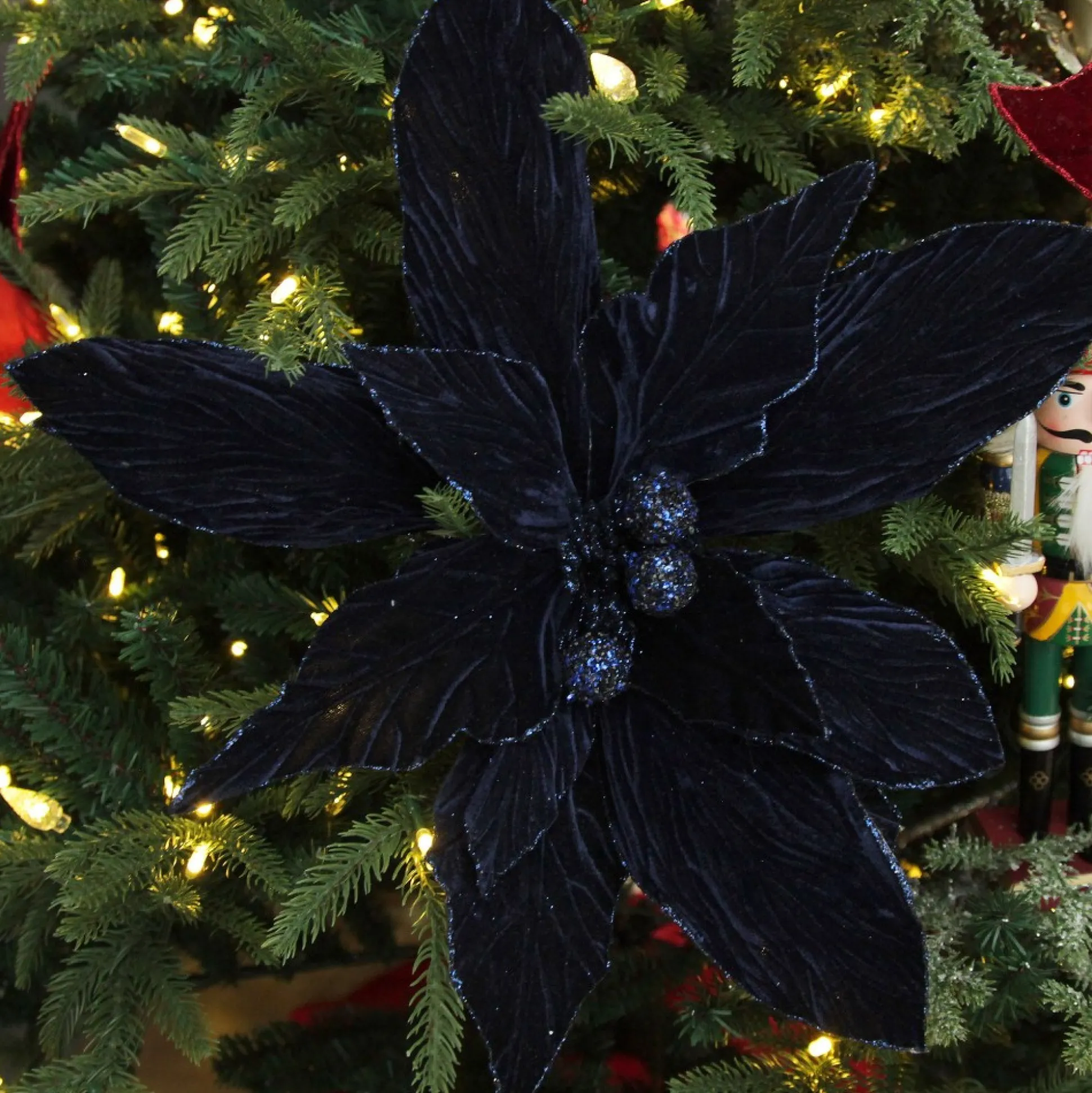 Large Blue Poinsettia Flower Stem with Glitter Trim Christmas Flowers|