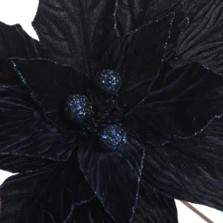 Large Blue Poinsettia Flower Stem with Glitter Trim Christmas Flowers|