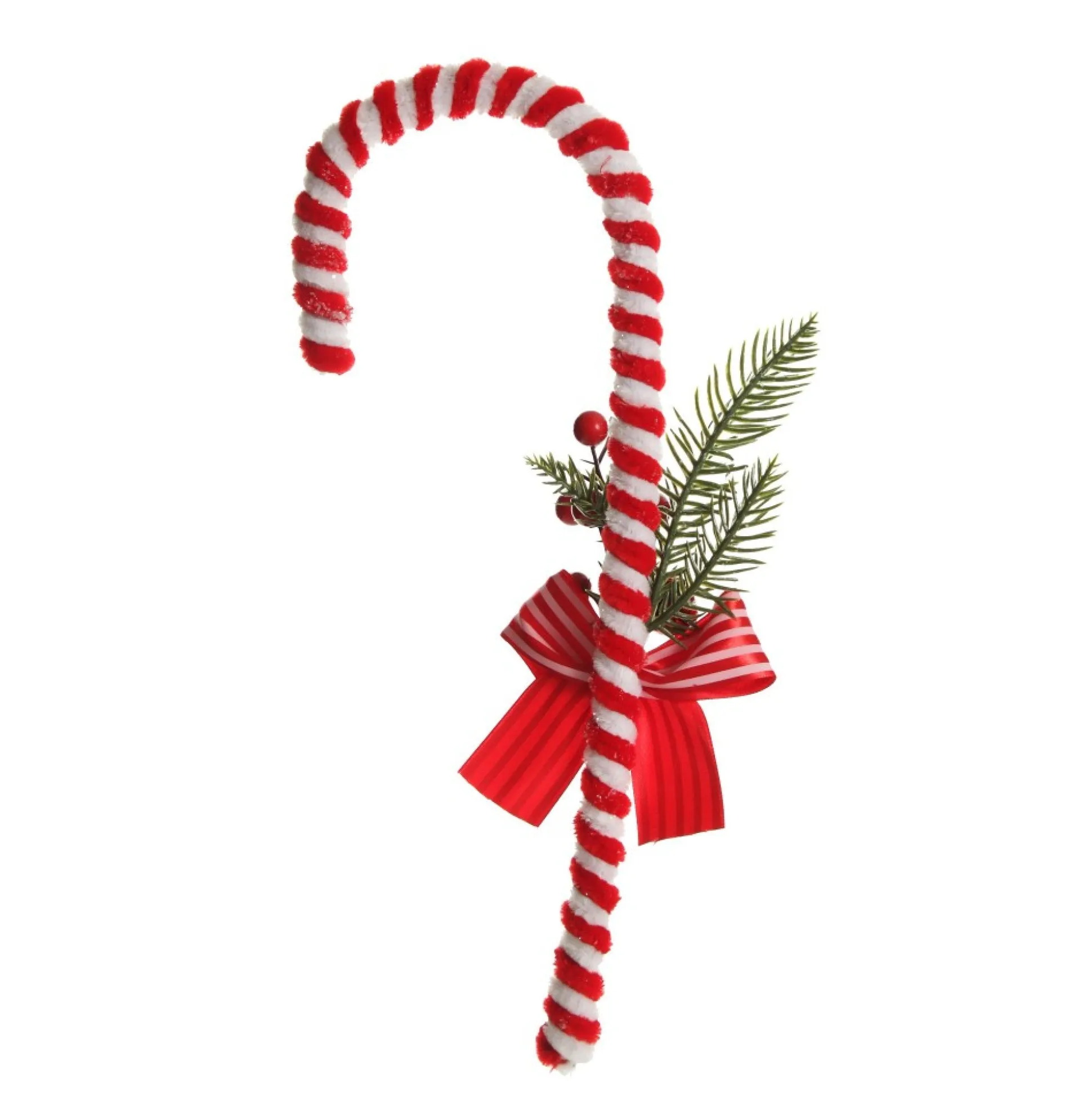 Large Chenille Stick Christmas Candy Cane with Pine and Berries - Set of 2 Christmas Tree Decorations|