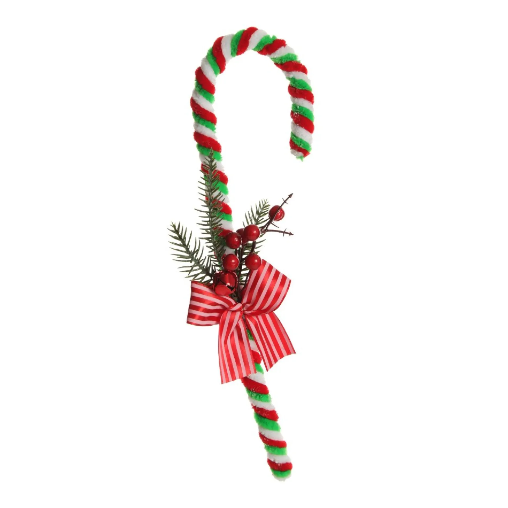 Large Chenille Stick Christmas Candy Cane with Pine and Berries - Set of 2 Christmas Tree Decorations|