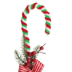 Large Chenille Stick Christmas Candy Cane with Pine and Berries - Set of 2 Christmas Tree Decorations|
