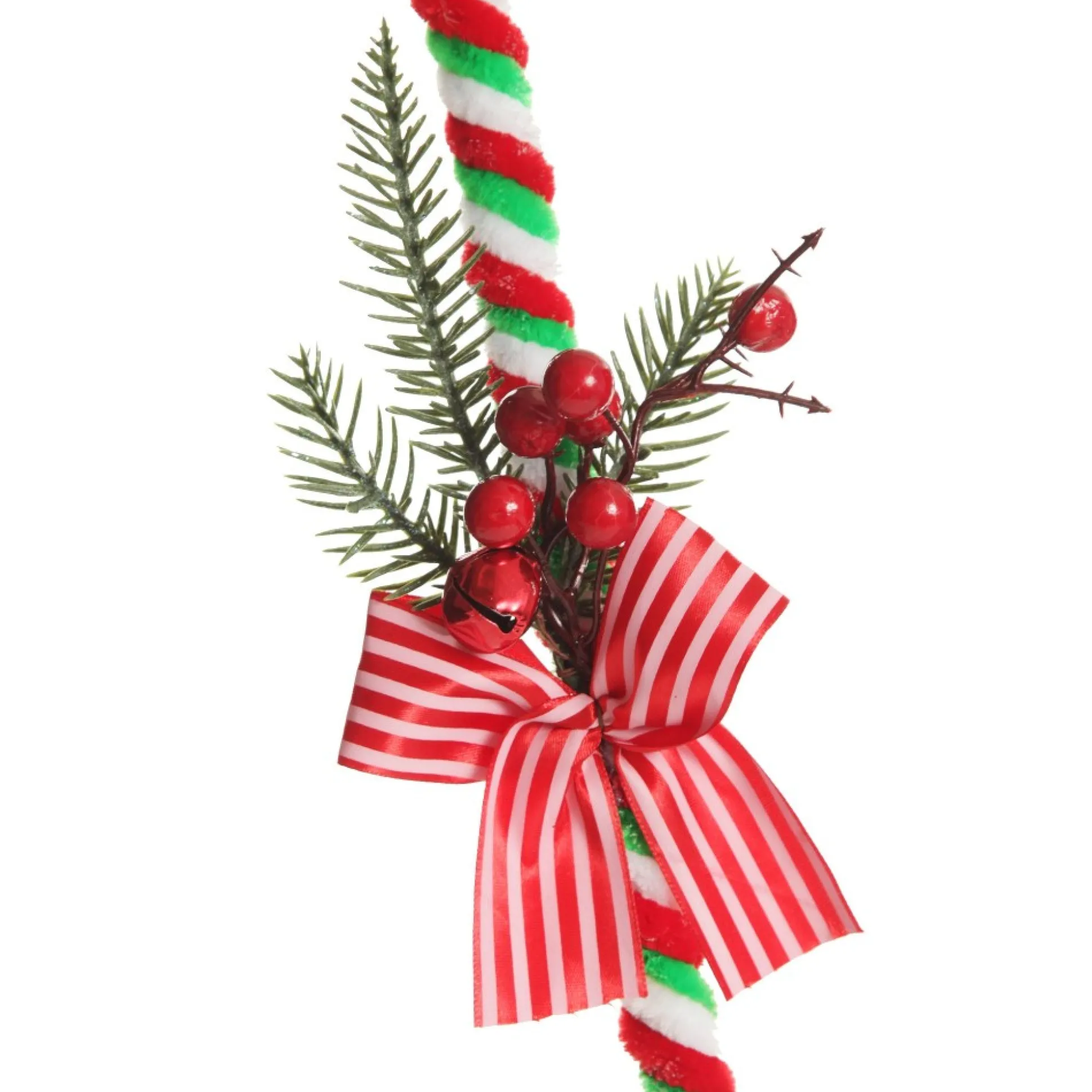 Large Chenille Stick Christmas Candy Cane with Pine and Berries - Set of 2 Christmas Tree Decorations|